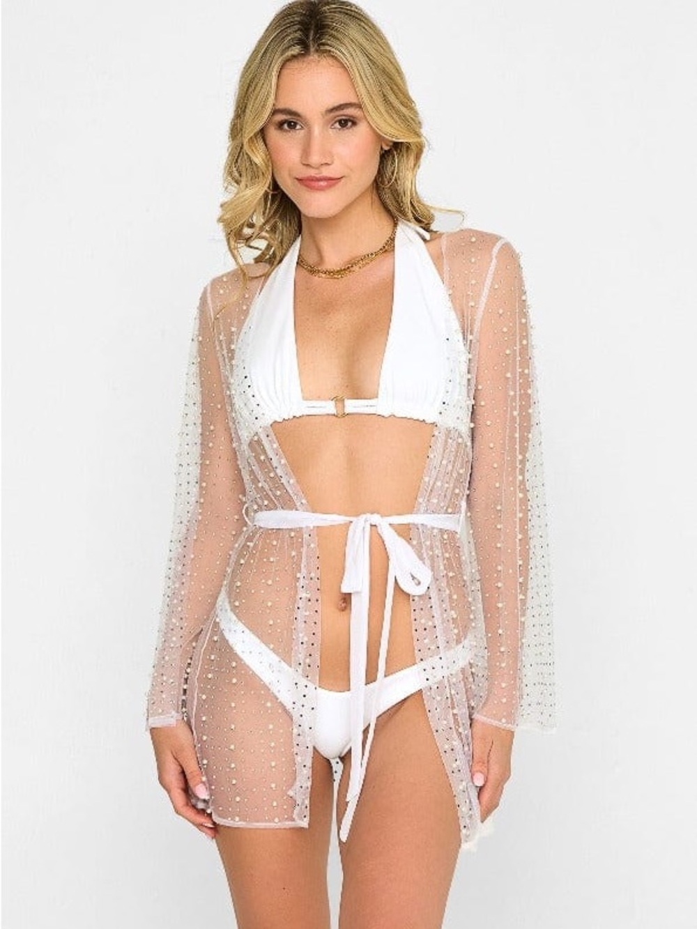 Beach Bunny White Sheer Polka Dot Cover-Up with Pearl Accents